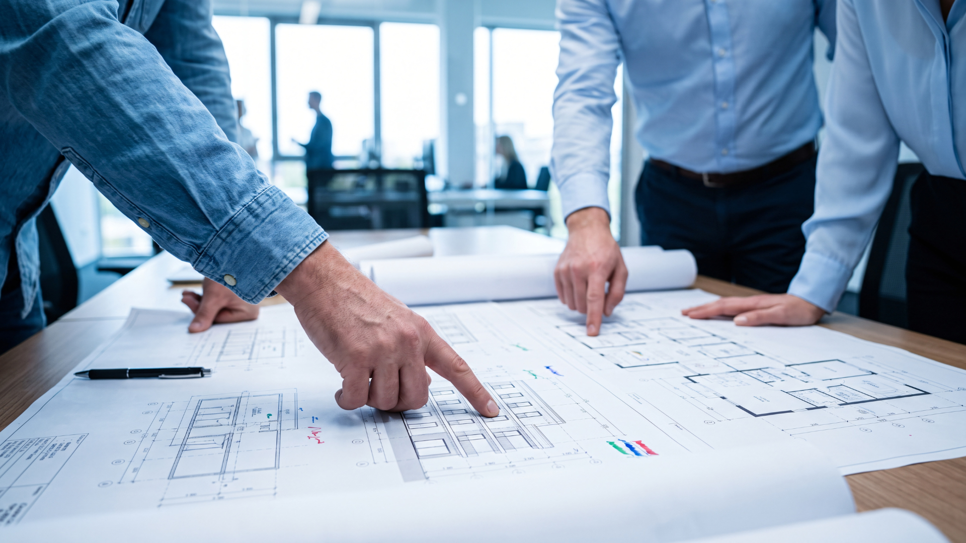 Airport architects reviewing architectural technical drawings