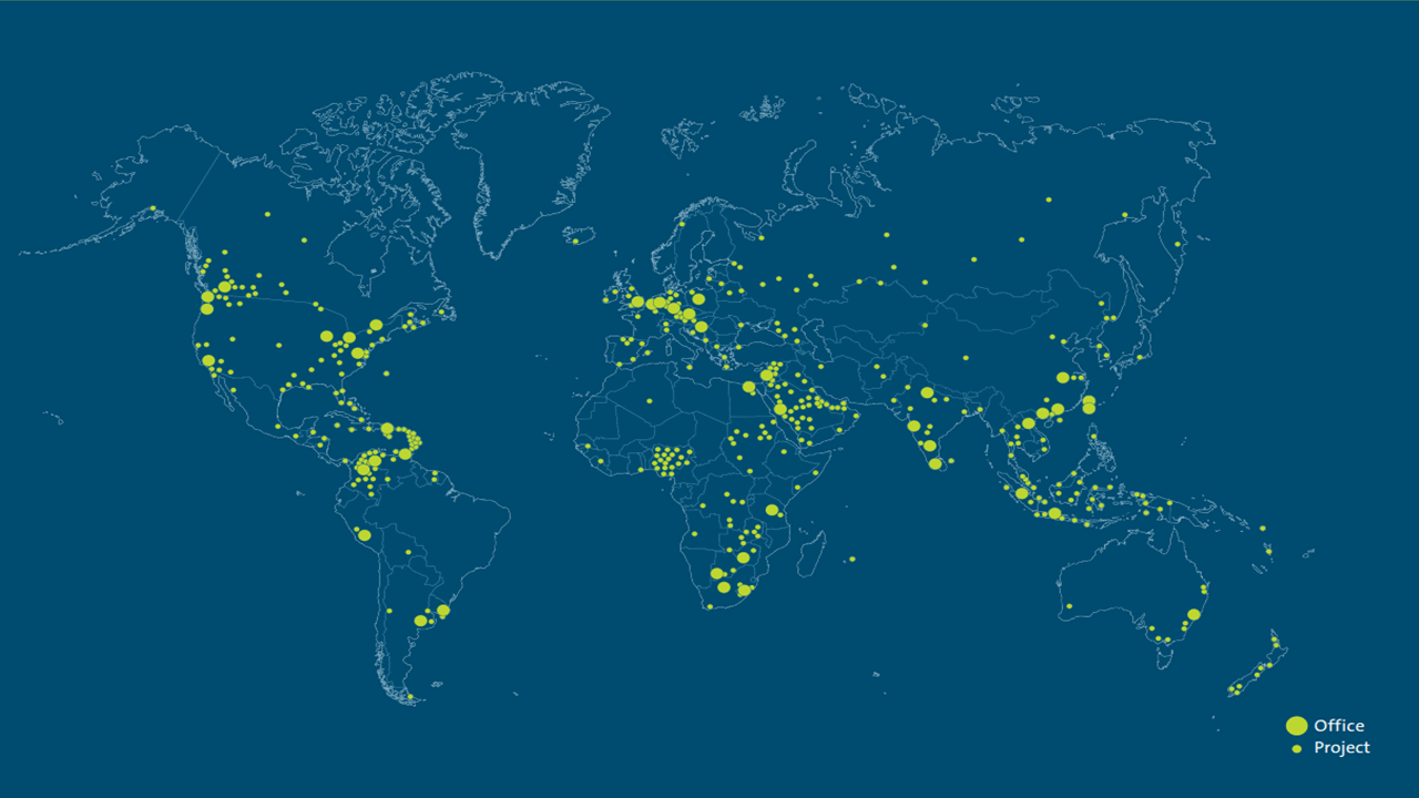 World map showing with dots to show the location of NACO projects over 75 years
