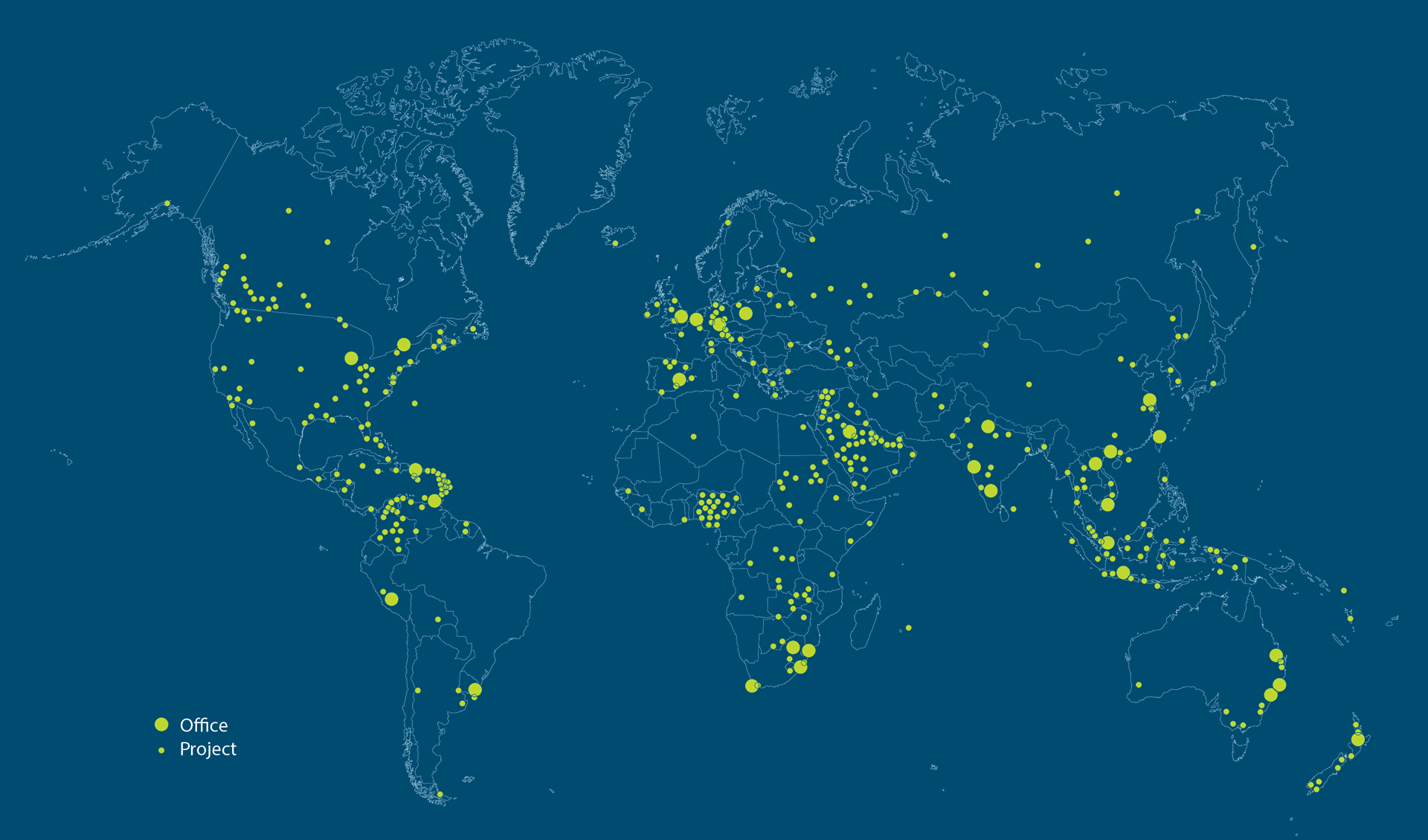 World map showing location of NACO offices and projects