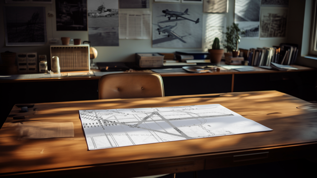 Image showing desk and chair with plans and images on the desk and wall behind.