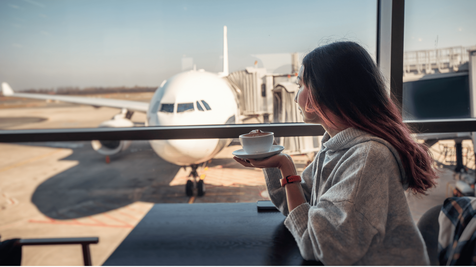 Woman relaxing with a coffee at the airport