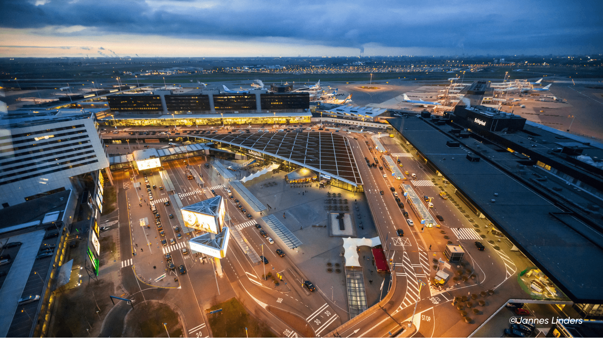 Amsterdam Airport Schiphol at night from above