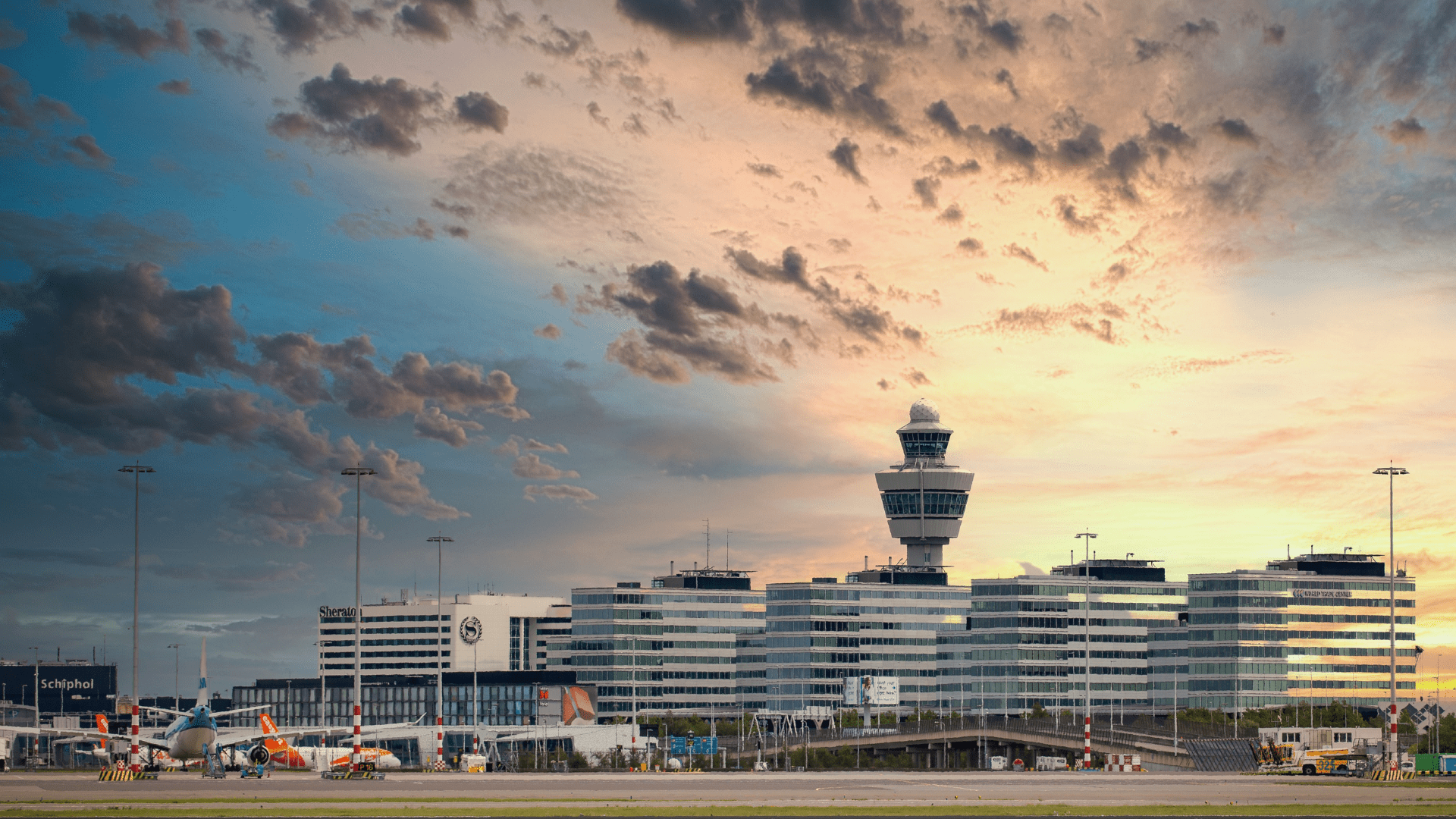 Schiphol Amsterdam Airport as sunset