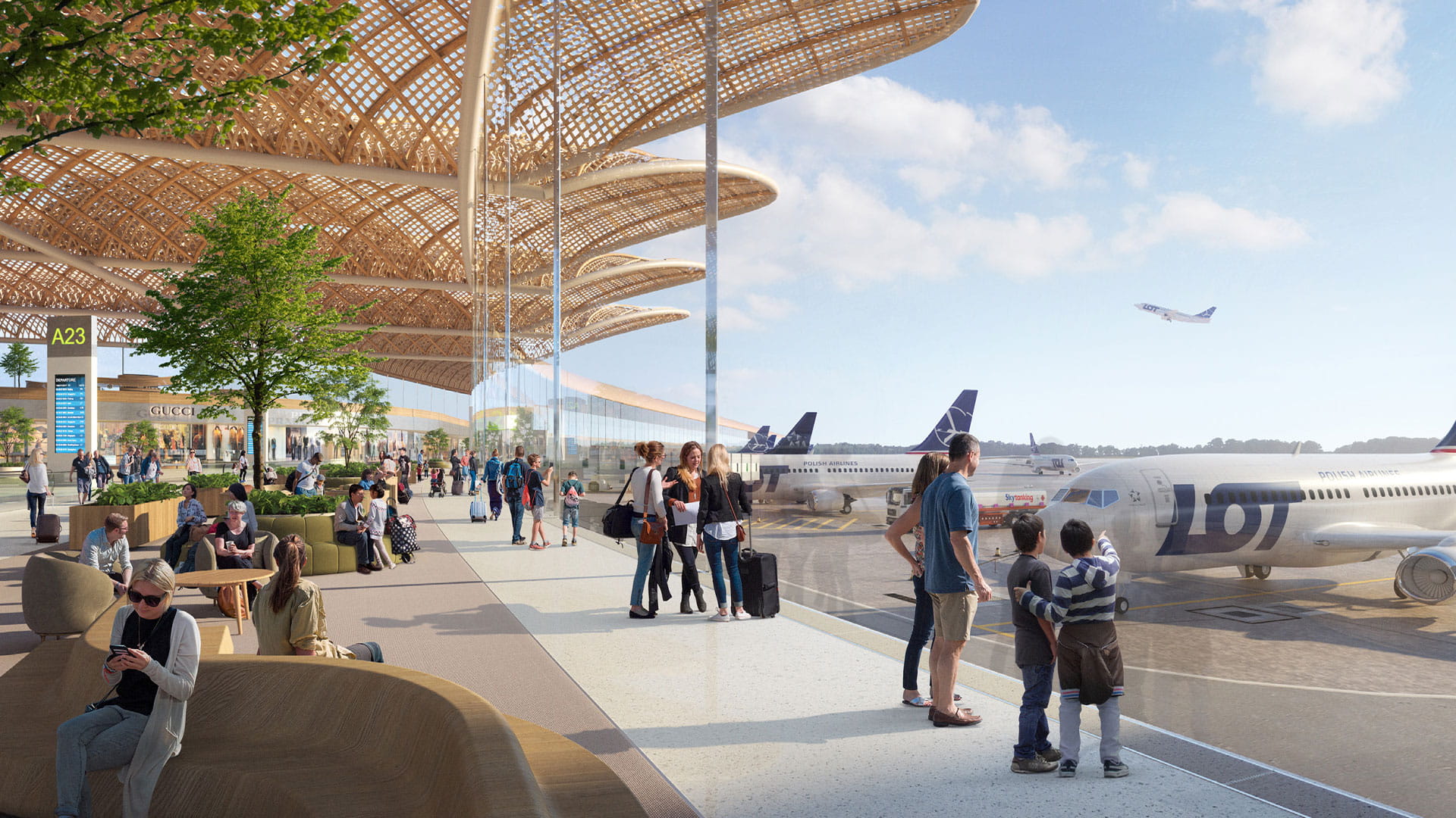 View on apron from airport terminal multimodal transport hub CPK Poland